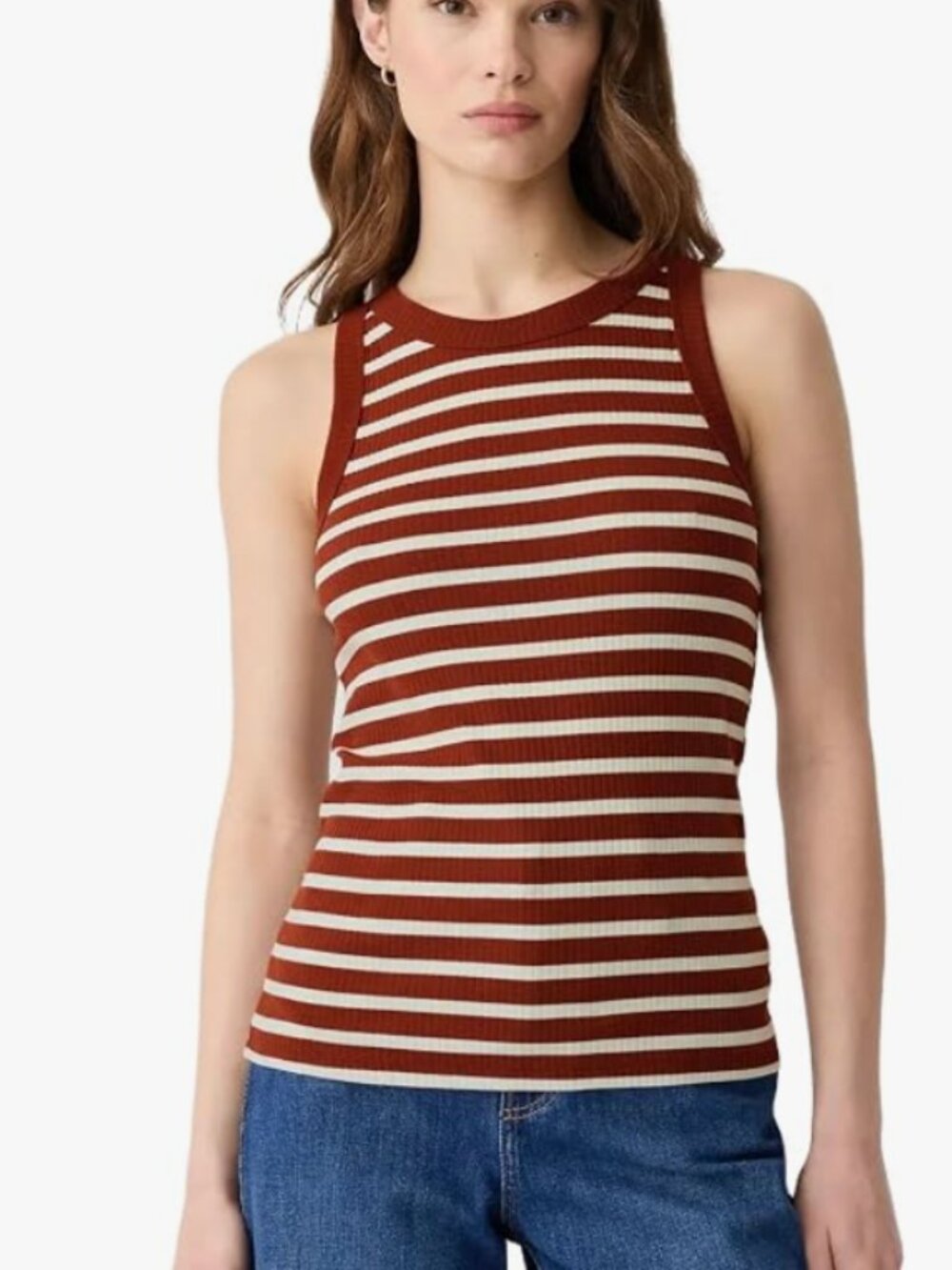 GAP Ribbed Brown and White Striped High Neck Tank Top